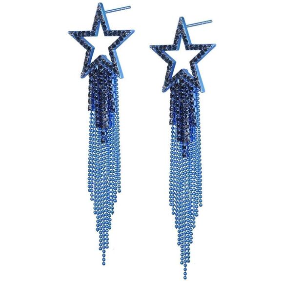 Blue with Blue Sapphire Crystal Star Beaded Tassel Post Back Dangling Earrings - Picture 1 of 5